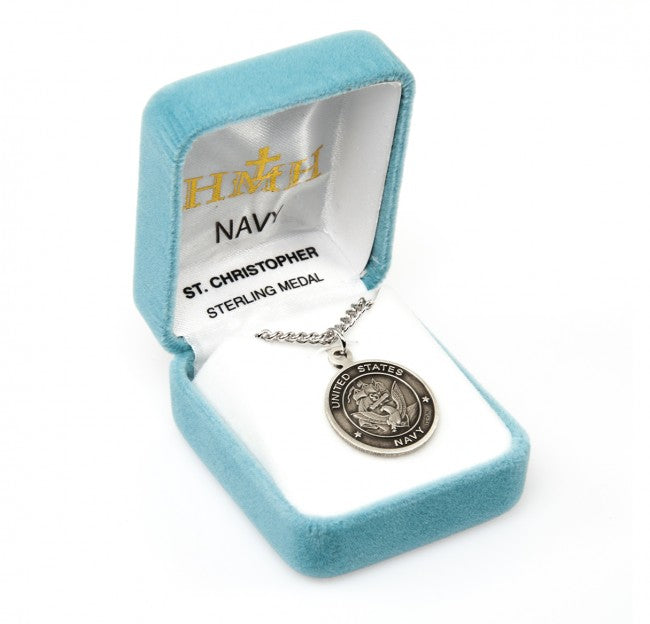 HMH Religious Navy Sterling Silver St Christopher Medal Necklace