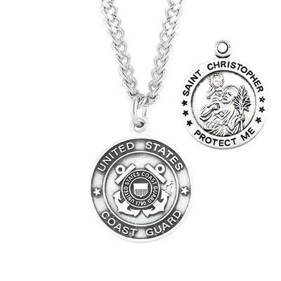 Coast Guard Sterling Silver St Christopher Medal Necklace with 24" Chain, HMH Religious