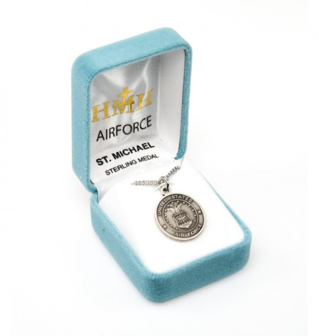 HMH Religious Air Force Sterling Silver St Michael Medal Necklace in Box,