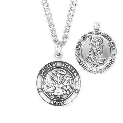Army Sterling Silver St Michael Medal Necklace with 24" Chain, HMH Religious