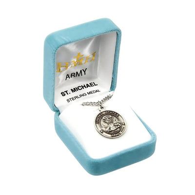 Army Sterling Silver St Michael Medal Necklace with 24" Chain in Gift Box, HMH Religious