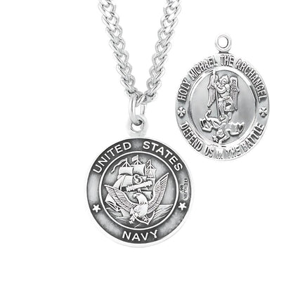 Navy Sterling Silver St Michael Medal Necklace with 24 Chain, HMH Religious