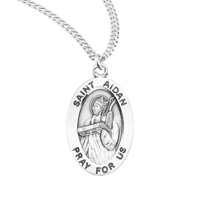 St. Aidan oval sterling silver medal with a book and a staff, HMH Religious