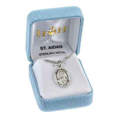 St. Aidan oval sterling silver medal with a book and a staff in a gift box, HMH Religious