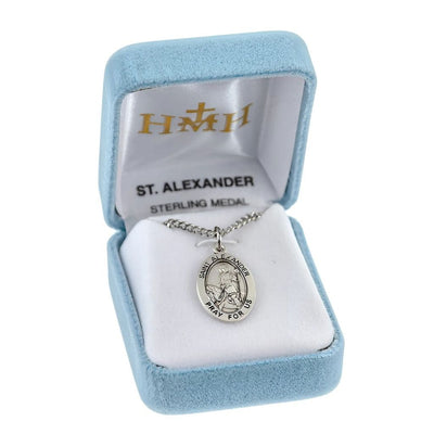 St. Alexander of Comana oval sterling silver medal on a horse holding a spear in a gift box, HMH Religious