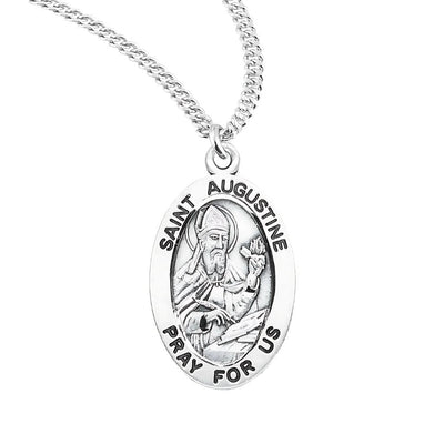 St. Augustine oval sterling silver medal with the Sacred Heart, book and pen, HMH Religious
