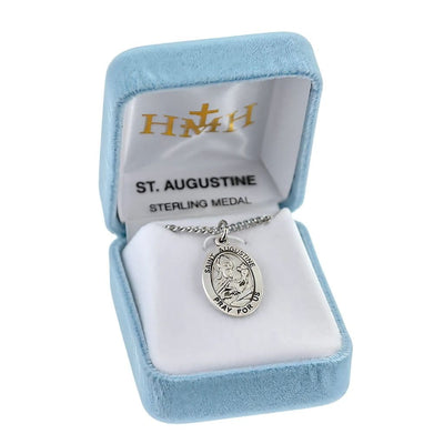 St. Augustine oval sterling silver medal with the Sacred Heart, book and pen in a gift box, HMH Religious