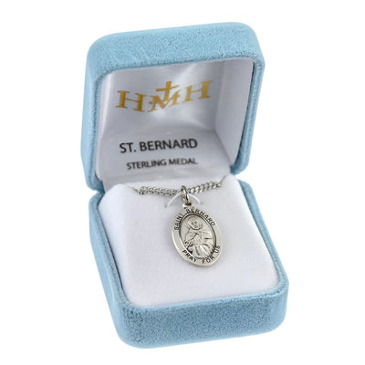 St Bernard oval sterling silver medal hold a cross pendant in a gift box, HMH Religious