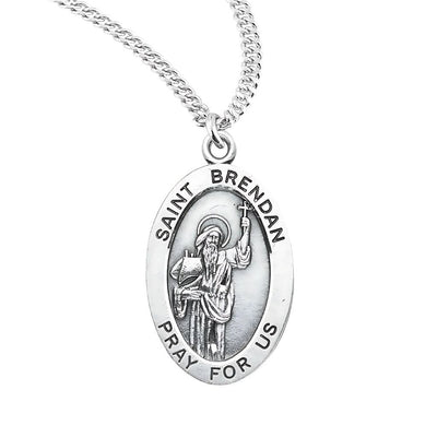 St. Brendan the Navigator oval sterling silver medal with a cross and ship, HMH Religious