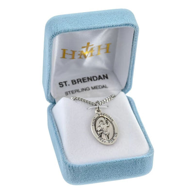 St. Brendan the Navigator oval sterling silver medal with a cross and ship in a gift box, HMH Religious