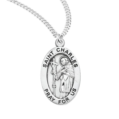 St. Charles Borromeo oval sterling silver medal necklace with a crucifix, HMH Religious