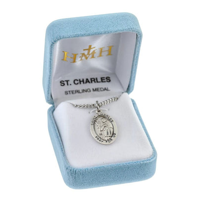 St. Charles Borromeo oval sterling silver medal necklace with a crucifix in a gift box, HMH Religious
