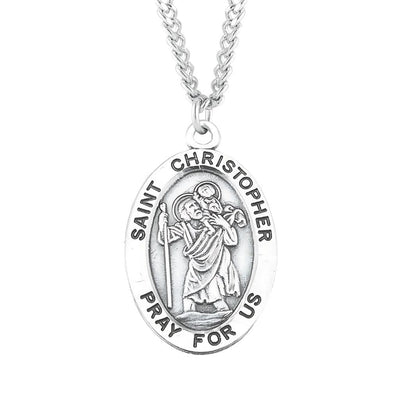 St. Christopher oval sterling silver medal carrying the Child Jesus on his shoulder, HMH Religious