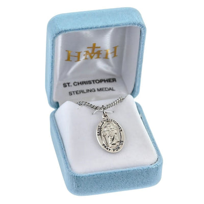 St. Christopher oval sterling silver medal carrying the Child Jesus on his shoulder in a gift box, HMH Religious