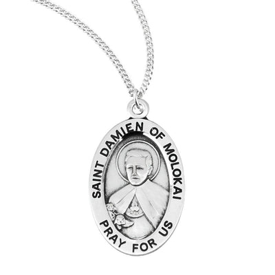 St. Damian of Molokai Oval sterling silver medal with the Sacred Hearts on his clothing, HMH Religious