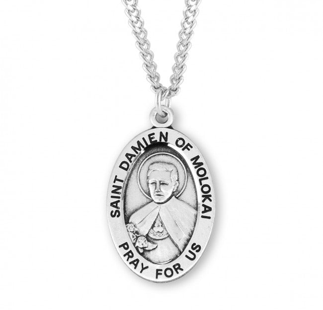 HMH Religious St Damian of Molokai Oval Sterling Silver Medal Necklace