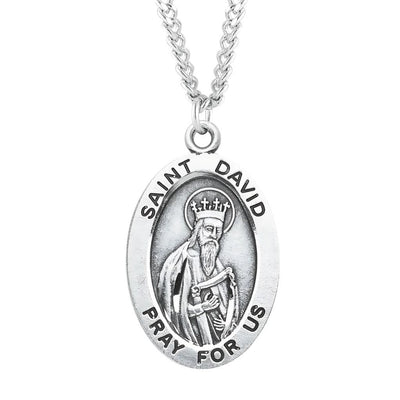 St. David oval sterling silver medal with a harp and kings crown on his head, HMH Religious