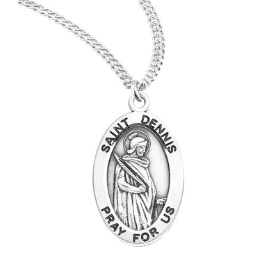 St. Dennis oval sterling silver medal with a quill pen, HMH Religious