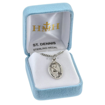 St. Dennis oval sterling silver medal with a quill pen in a gift box, HMH Religious