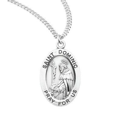 St Dominic de Guzman oval sterling silver medal with a crucifix and rosary, HMH Religious