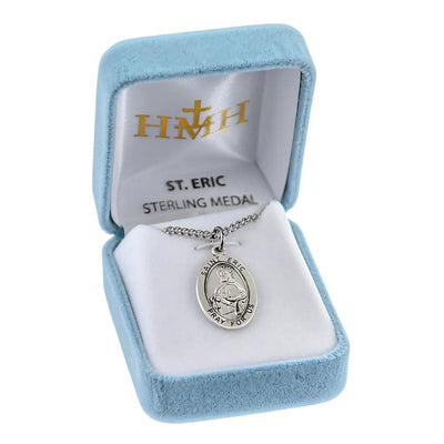 St. Eric oval sterling silver medal with a crown and sword in a box, HMH Religious