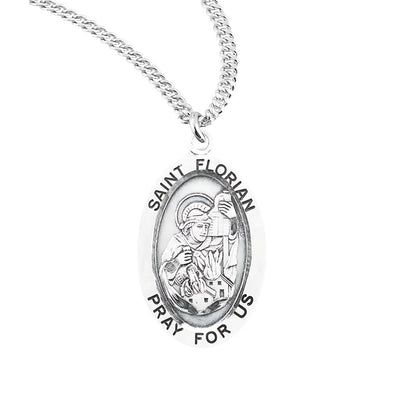 St. Florian oval sterling silver medal putting out a fire wearing soldiers garb, HMH Religious