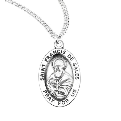 St. Francis De Sales oval sterling silver medal with a book and a quill pen, HMH Religious
