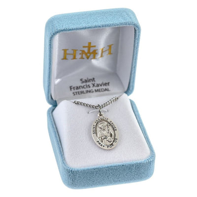 St. Francis Xavier oval sterling silver medal with a crucifix in box, HMH Religious