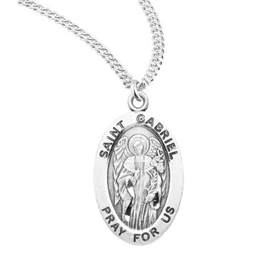 St. Gabriel the Archangel oval sterling silver medal with angel wings and lilies, HMH Religious