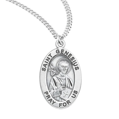 St. Genesius oval sterling silver medal with a bible and comedy masks, HMH Religious