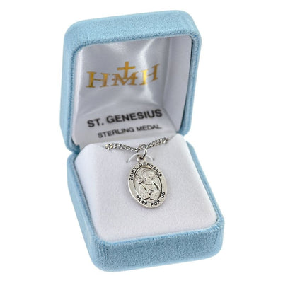 St. Genesius oval sterling silver medal with a bible and comedy masks in box, HMH Religious