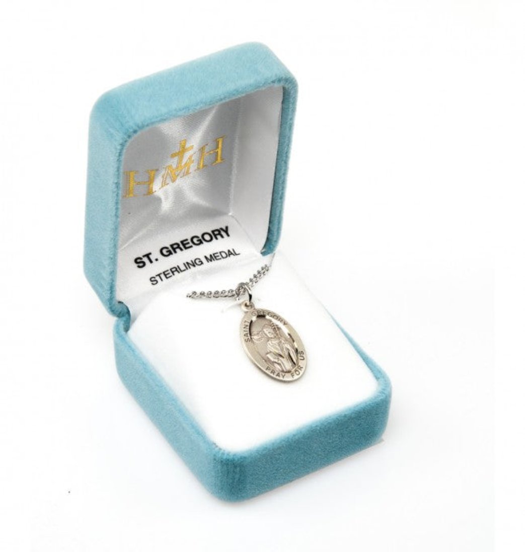 HMH Religious St Gregory the Great Oval Sterling Silver Medal Necklace in Gift Box,