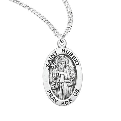 St. Hurbert sterling silver medal with a deer and spear in gift box, HMH Religious
