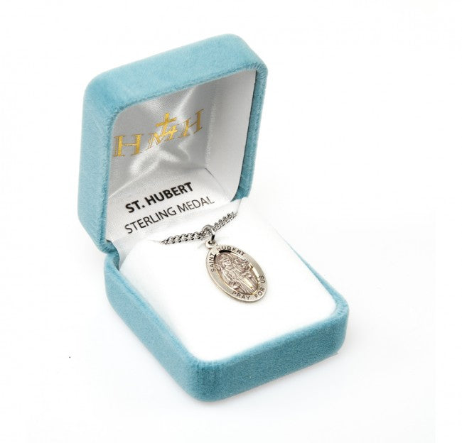 hmh saint hurbert round sterling silver medal necklace in gift box,