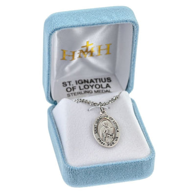 St. Ignatius of Loyola sterling silver oval medal with a book in box, HMH Religious