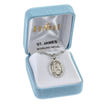 St. James the Greater sterling silver oval medal with a staff and book in a box, HMH Religious