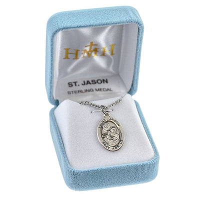 St. Jason sterling silver oval medal with a lion in a box, HMH Religious