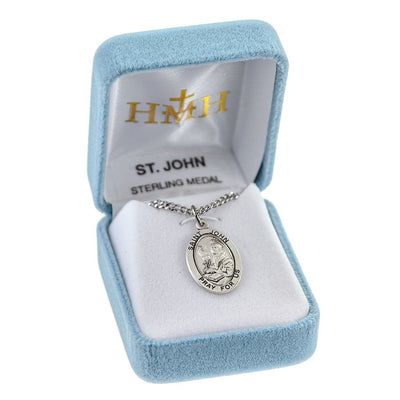 St. John the Evangelist sterling silver oval medal with an eagle and book in a box, HMH Religious