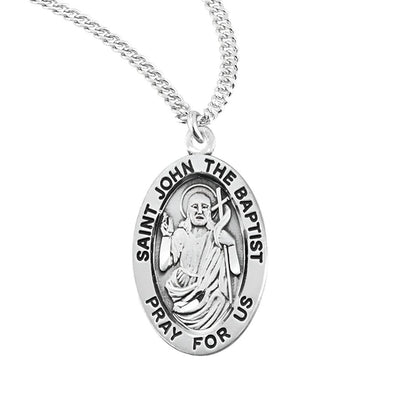 St. John the Baptist sterling silver oval medal with a cross, HMH Religious