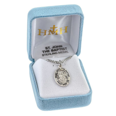 St. John the Baptist sterling silver oval medal with a cross in a box, HMH Religious