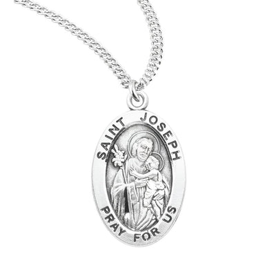 St. Joseph sterling silver oval medal with a lilies and child Jesus, HMH Religious