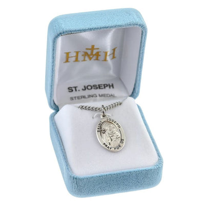 St. Joseph sterling silver oval medal with a lilies and child Jesus in a box, HMH Religious