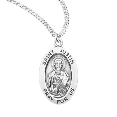 St. Justin oval sterling silver medal with scroll and cross design, HMH Religious