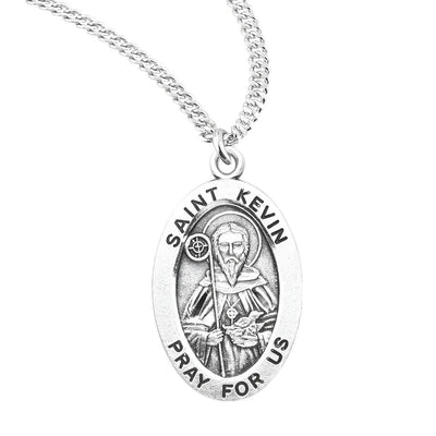 St. Kevin oval sterling silver medal with staff and bird’s nest design, HMH Religious