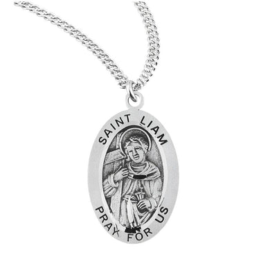St. Liam oval sterling silver medal with cross necklace with chain, HMH Religious