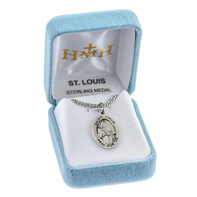 St Louis IX of France oval sterling silver medal depicts him holding a staff and kings crow in gift box, HMH Religious
