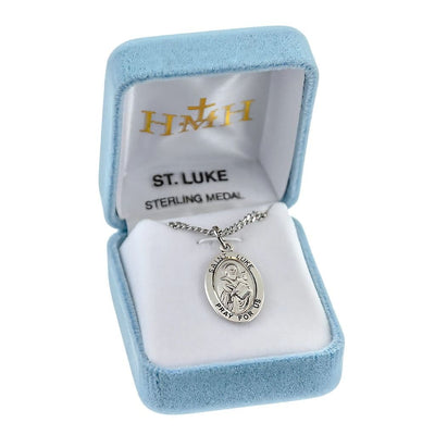 St. Luke sterling silver medal depiction with a book and bull in gift box, HMH Religious