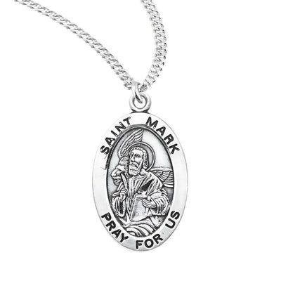 St Mark sterling silver medal with a drawing in a book and a winged lion beside him, HMH Religious