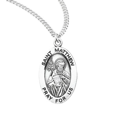 St. Matthew the Apostle sterling silver medal, holding a book with an angel, HMH Religious