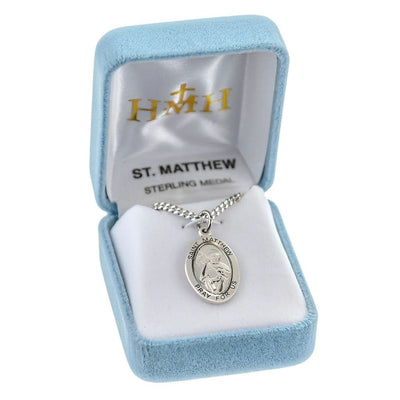 St. Matthew the Apostle sterling silver medal, holding a book with an angel in a gift box, HMH Religious